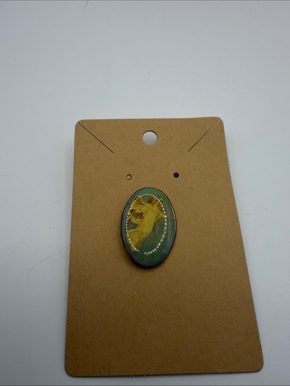 Vintage Guardian Angel Lapel Pin Aqua Blue Gold Tone Religious Jewelr